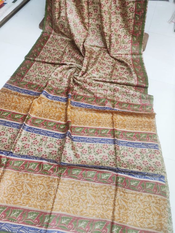 Cream-Tussar-Silk-Saree-with-red-green-floral-design