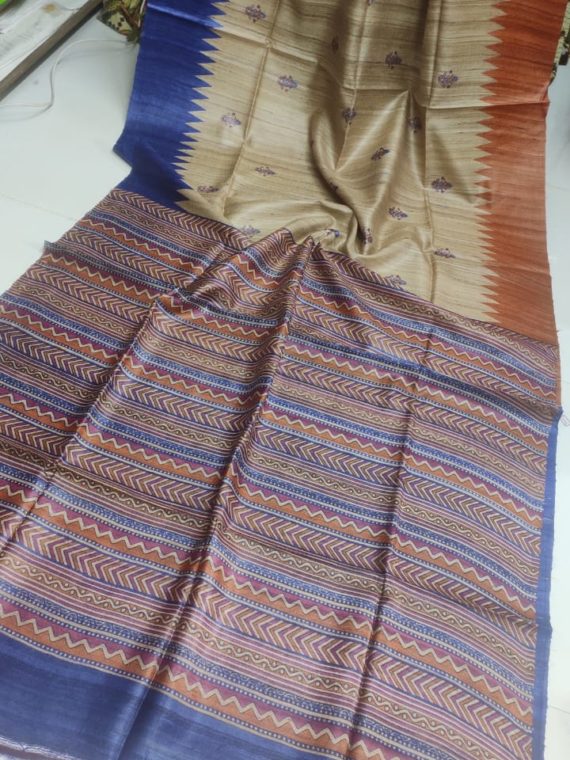 Creamish-Tussar-Silk-Saree-with-Orange-&-Blue-Border