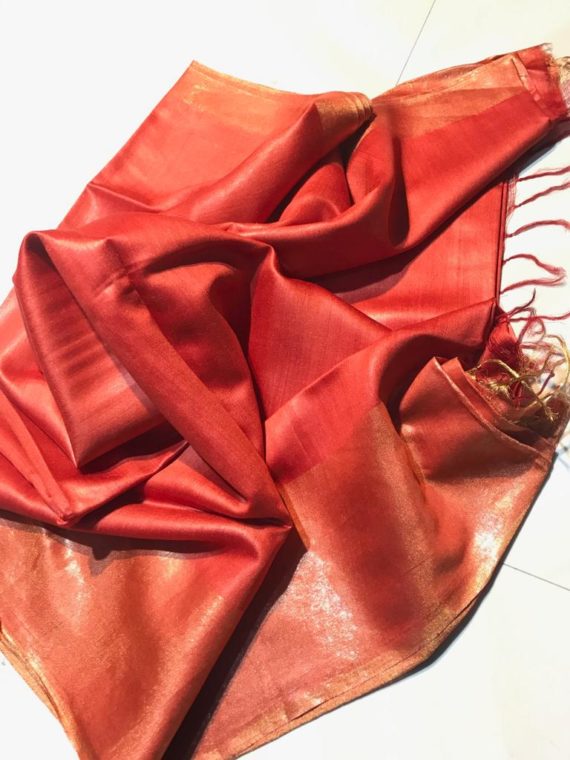 Dark-Orange-with-Golden-Border-Tussar-Munga-Silk-Saree