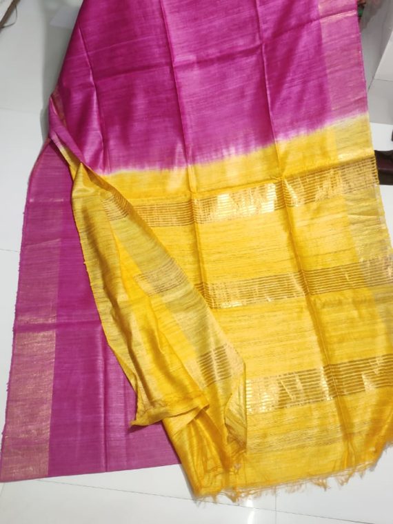 Dark-Pink-Tussar-Giccha-Saree-with-Contrast-Yellow-Zari-Pallu