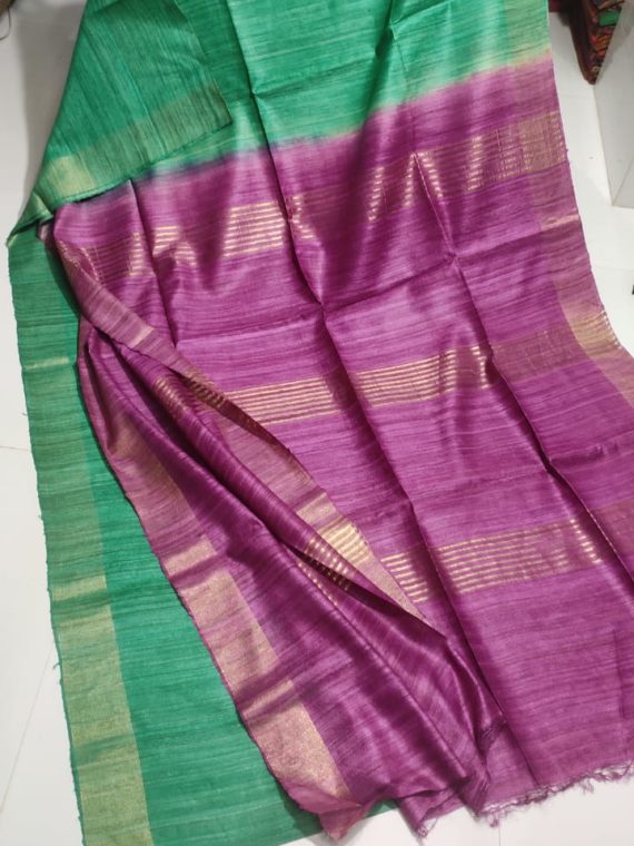 Green-Tussar-Giccha-Saree-with-Contrast-Purple-Zari-Pallu