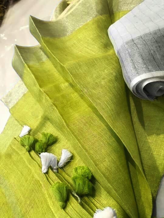 Lemon-Green-Plain-Linen-Saree-with-Silver-Border