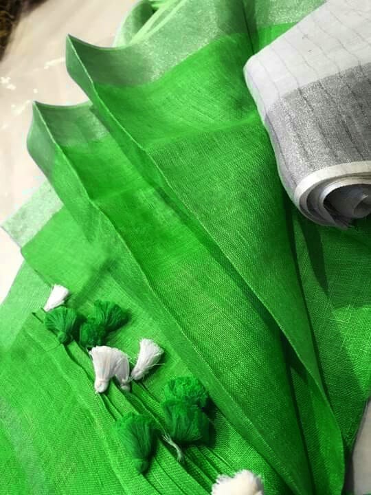 Light-Green-Plain-Linen-Saree-with-Silver-Border