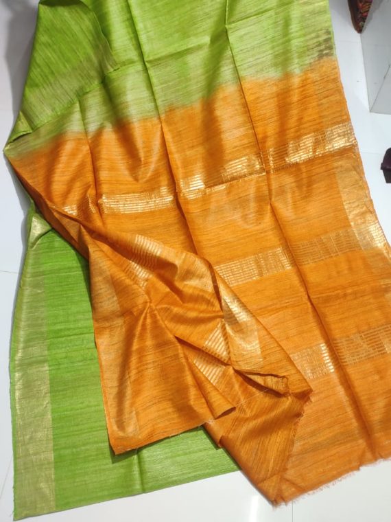 Light-Green-Tussar-Giccha-Saree-with-Contrast-Mustrad-Yellow-Pallu