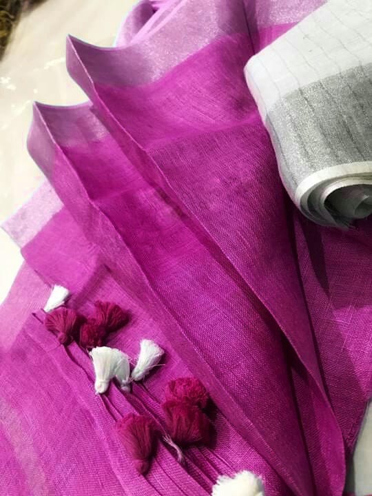 Light-Purple-Plain-Linen-Saree-with-Silver-Border