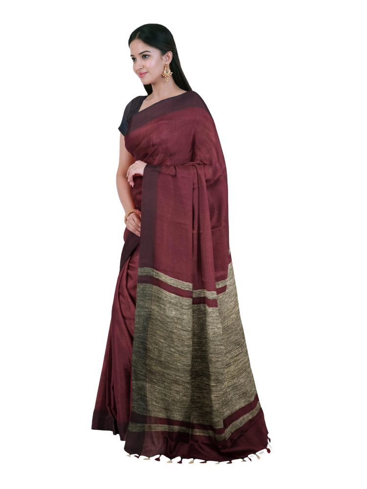 Maroon-Plain-Linen-Saree-with-Giccha-Pallu