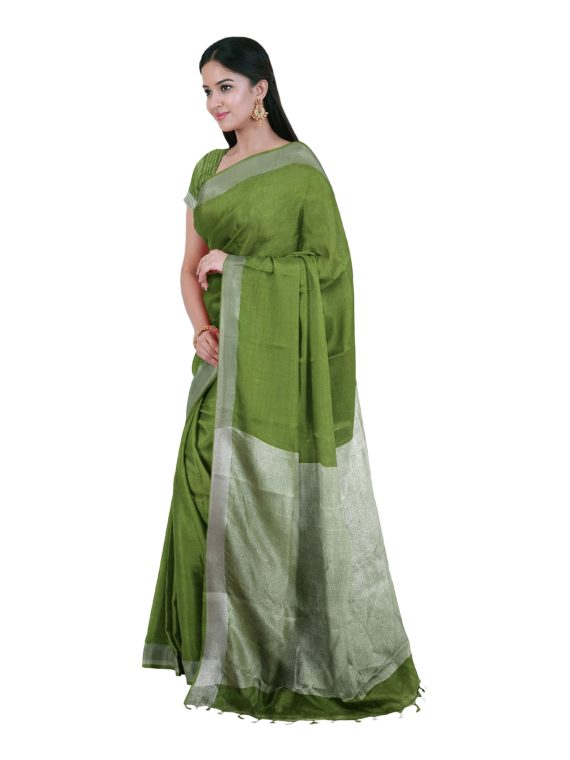 Mehendi-Green-Plain-Linen-Saree-with-Silver-Border