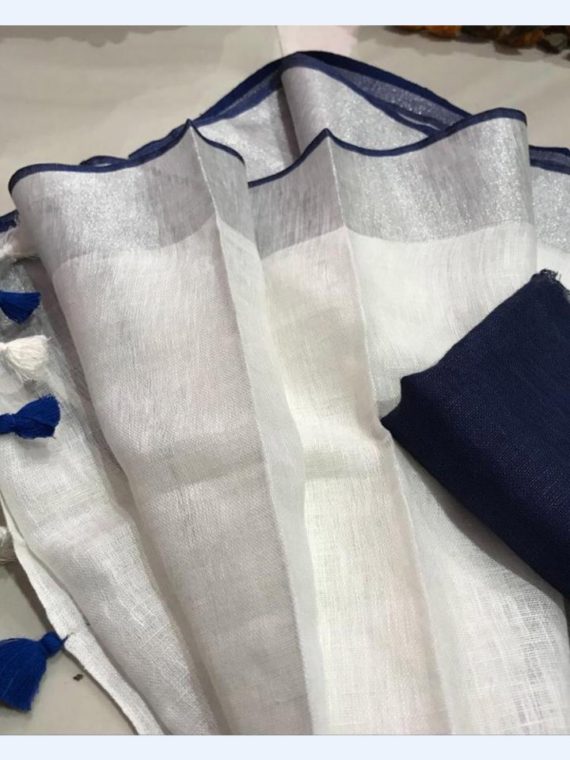 Milky-White-Plain-Linen-Saree-with-Silver-Blue-Border