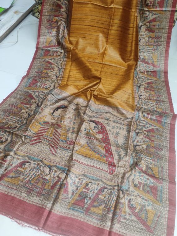 Mustard-Yellow-Tussar-Silk-Saree-with-Madhubani-Print