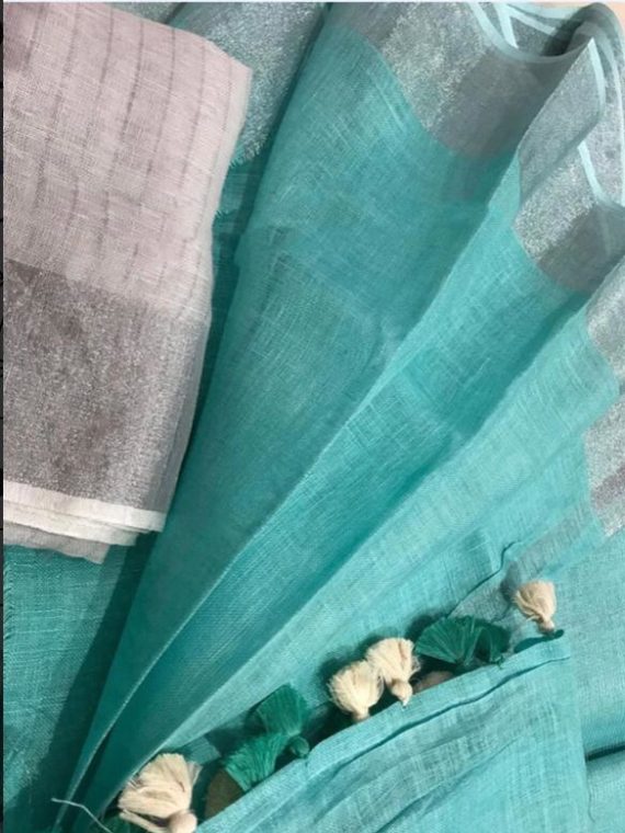 Ocean-Blue-Plain-Linen-Saree-with-Silver-Border