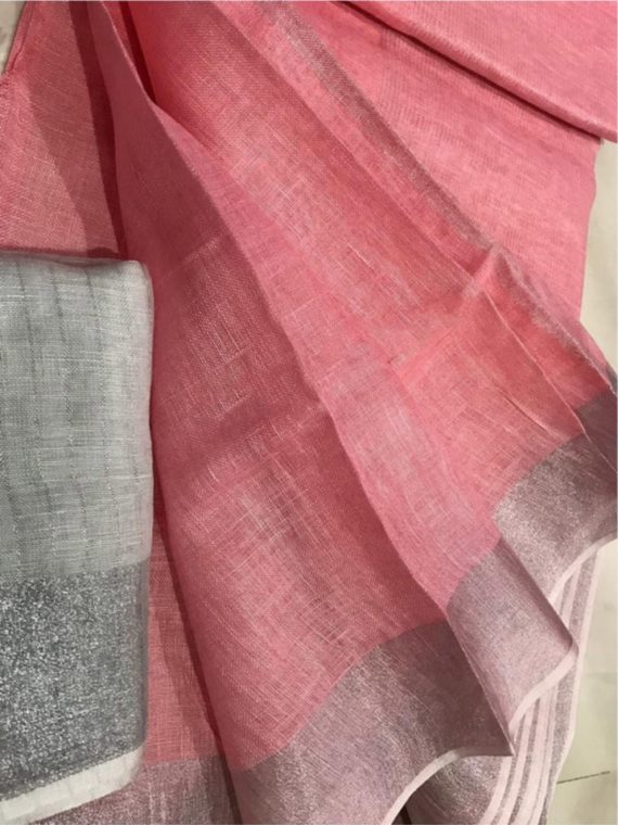 Peach-Plain-Linen-Saree-with-Silver-Border