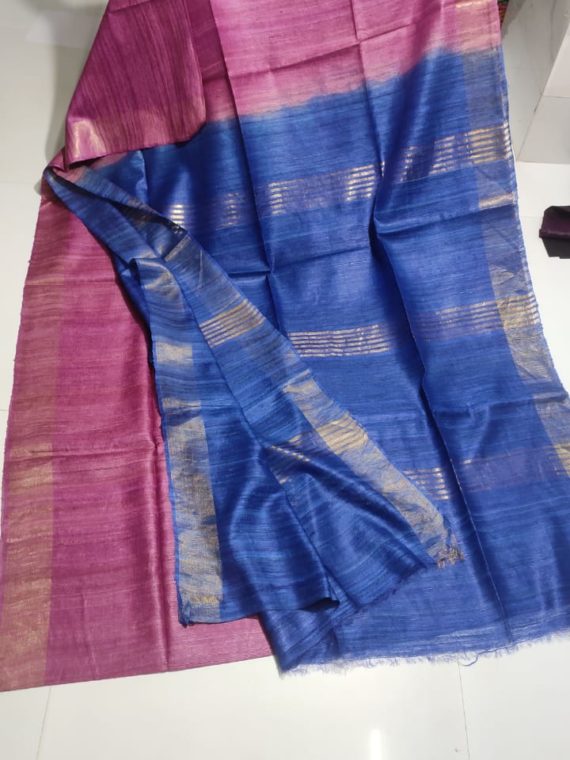 Pink-Tussar-Giccha-Saree-with-Contrast-Royal-Blue-Zari-Pallu