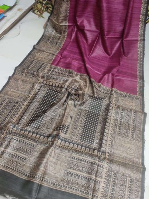 Pink-Tussar-Silk-Saree-with-Madhubani-Print