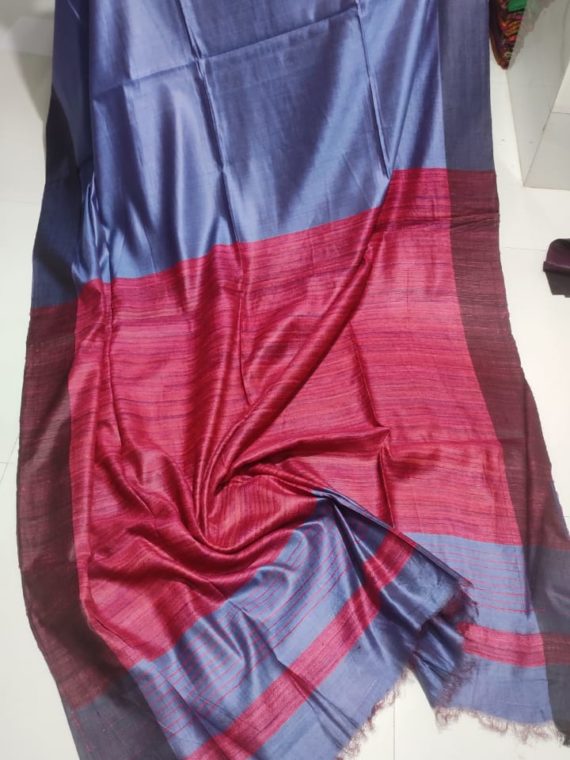 Plain-Blue-Tussar-Giccha-Saree-with-Contrast-Brick-Red-Pallu