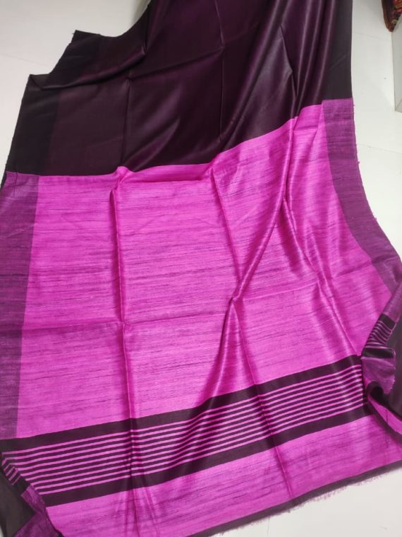 Plain-Dark-Puple-Tussar-Giccha-Saree-with-Contrast-Light-Purple-Pallu