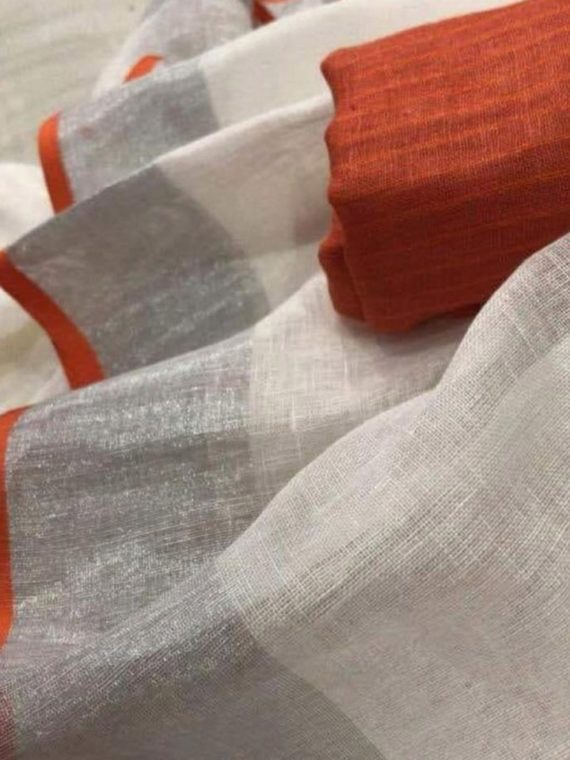 Pure-White-Plain-Linen-Saree-with-Silver-Orange-Border