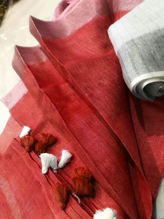 Red-Plain-Linen-Saree-with-Silver-Border