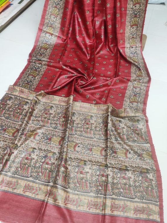 Red-Tussar-Silk-Saree-with-Madhubani-Print