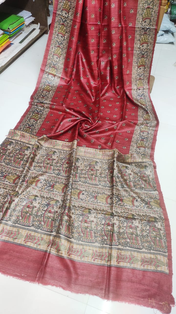 Red Tussar Silk Saree with Madhubani Print - Loomfolks