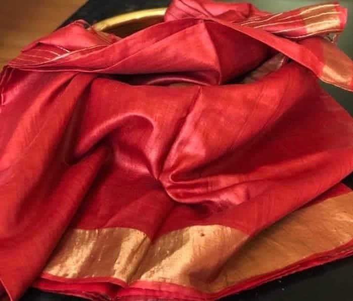 Red with Golden Border Tussar Munga Silk Saree - Loomfolks