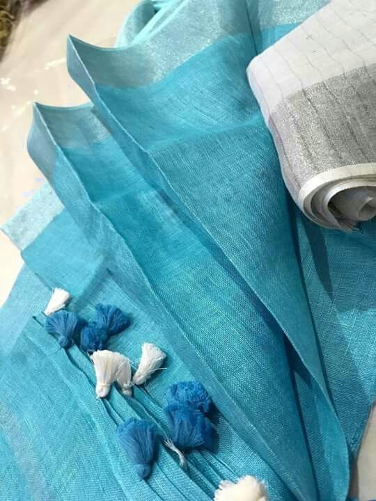 Sky-Blue-Plain-Linen-Saree-with-Silver-Border