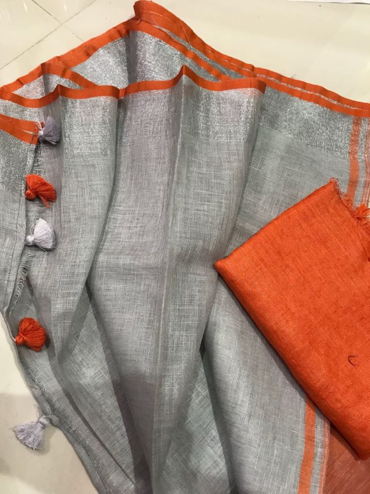 Slate-Grey-Plain-Linen-Saree-with-Silver-Orange-Border