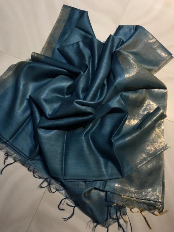 Teal-Blue-with-Golden-Border-Tussar-Munga-Silk-Saree