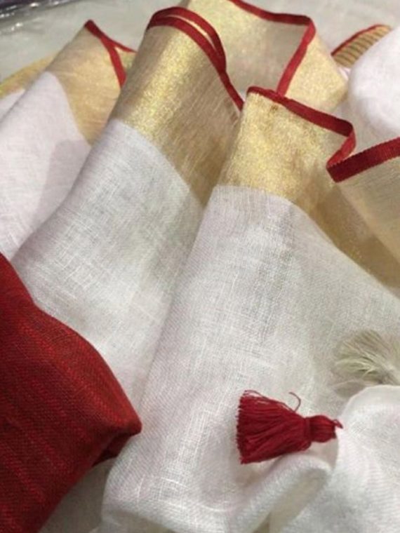 White-Plain-Linen-Saree-with-Golden-Red-Border