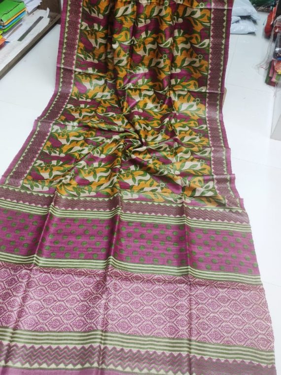 Yellow-Pink-floral-Print-Tussar-Silk-Saree