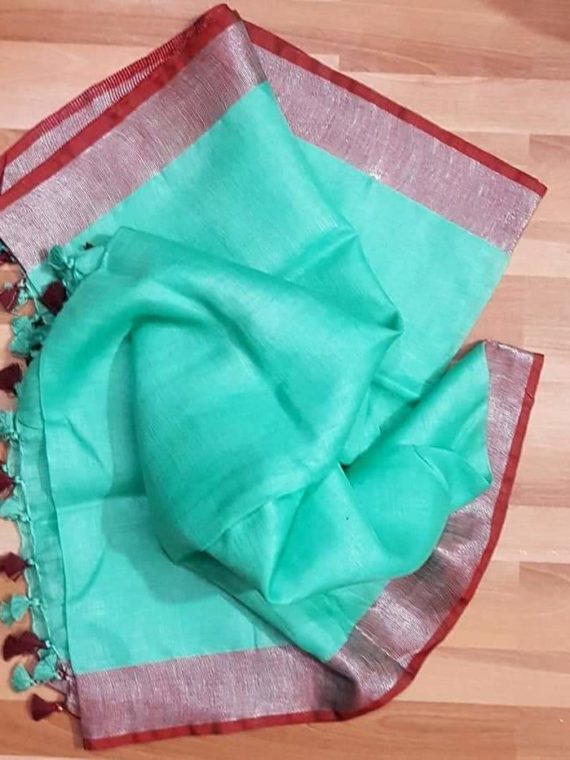 Aqua Blue with Brick Red and Silver Zari Border plain Linen Saree