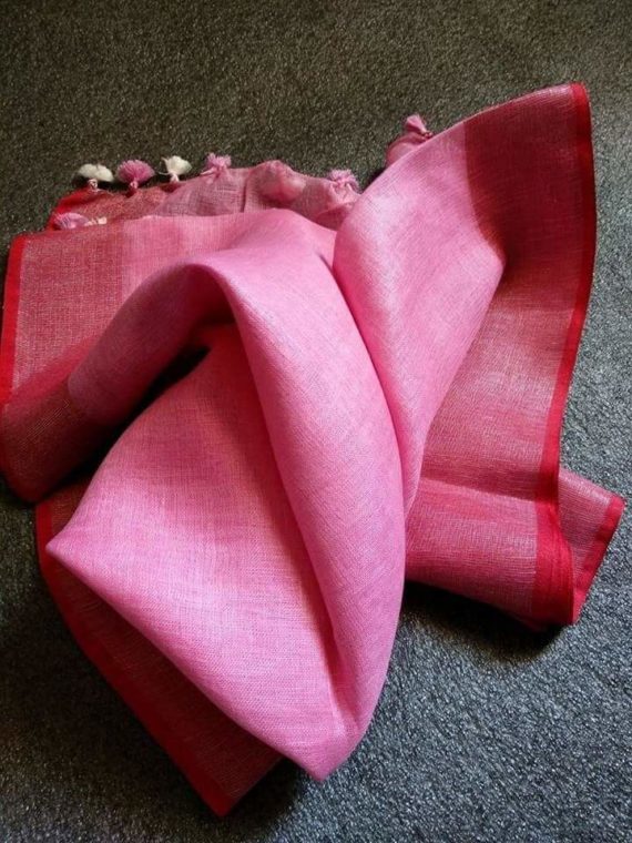 Baby Pink with Dark Pink and Silver Border plain Linen Saree