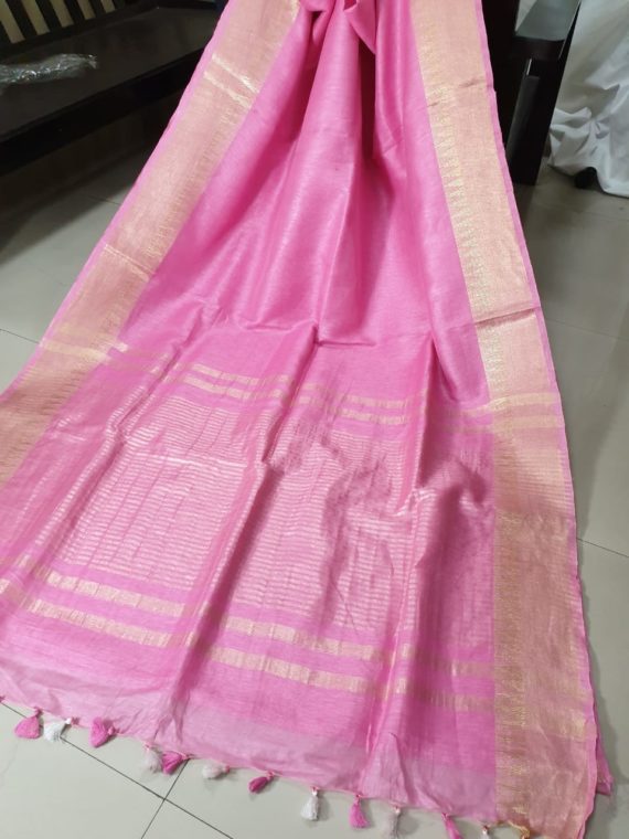 Baby Pink with Golden Temple Boder Linen Silk Saree