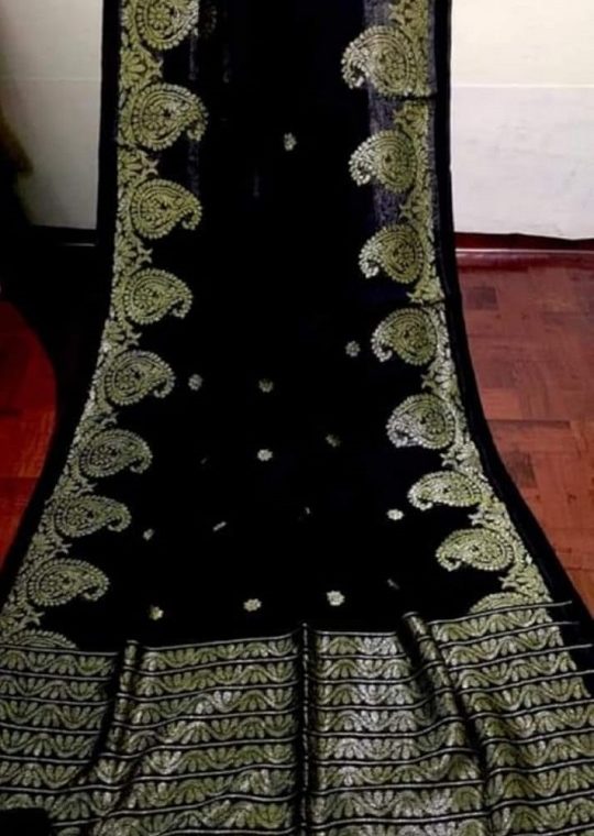 Black Dhakai Linen Saree with Mango Jacquard design