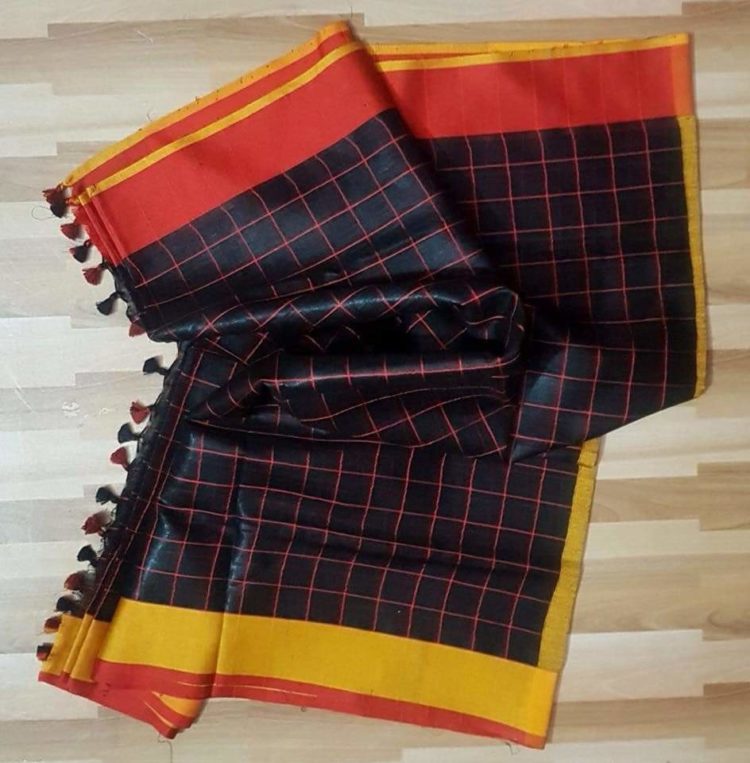 Black checked with Red and Yellow Border plain Linen Saree