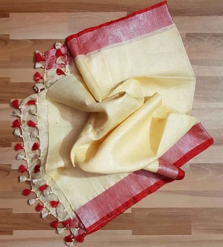 Cream Yellow with Dark Red and Silver Zari Border plain Linen Saree