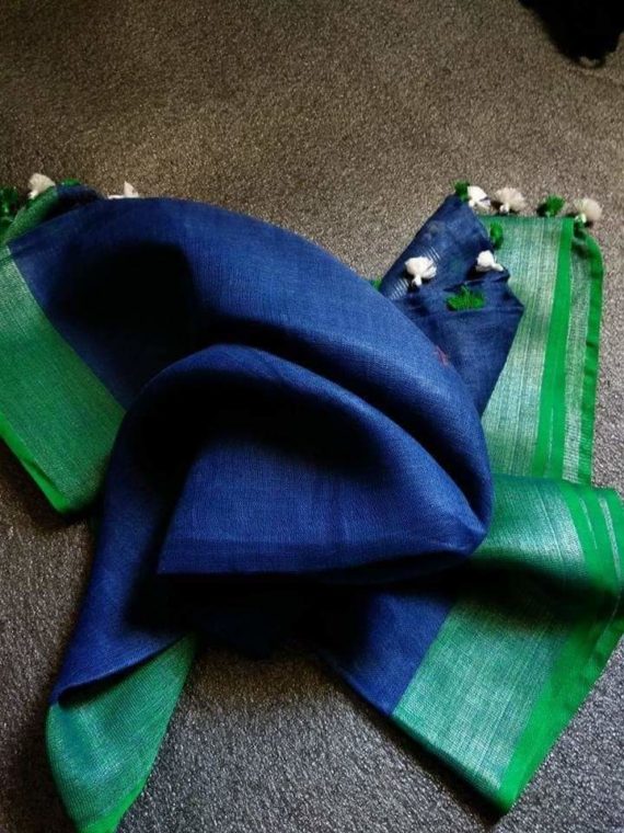 Dark Blue with Dark Green and Silver Zari Border plain Linen Saree