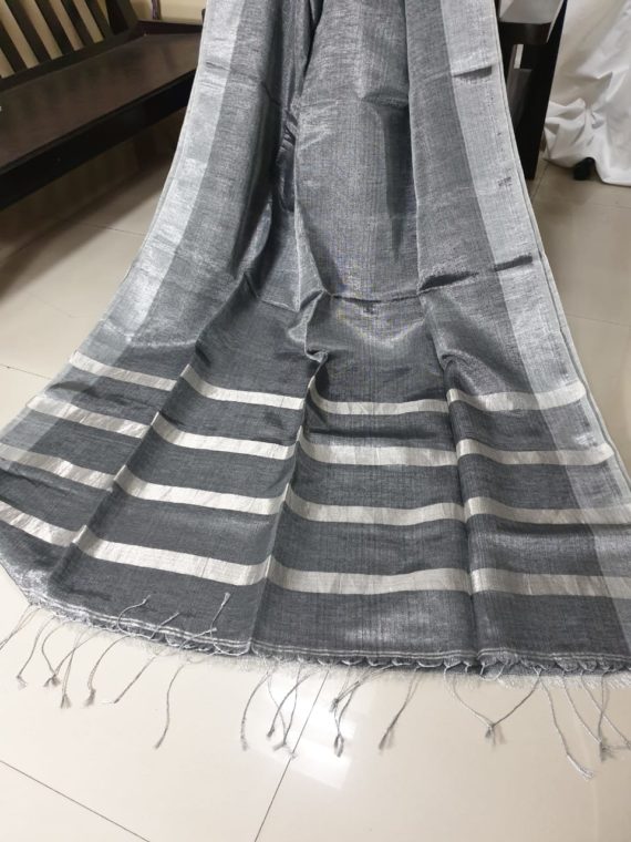 Dark Grey with Silver Border Tissue Linen Saree