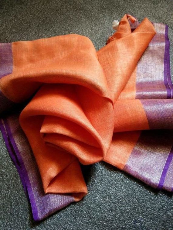 Dark Orange with Purple and Silver Zari Border plain Linen Saree