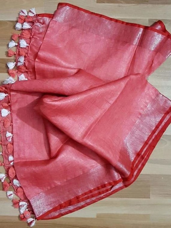 Dark Peach Pink with Dark Red and Silver Zari Border plain Linen Saree