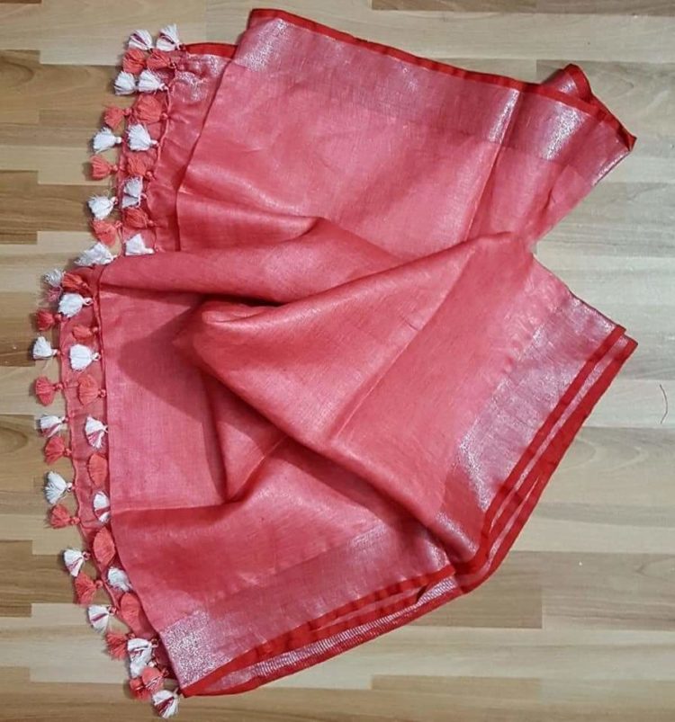 Dark Peach Pink with Dark Red and Silver Zari Border plain Linen Saree