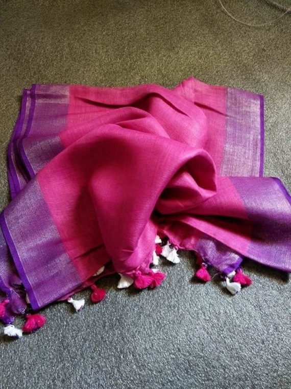 Dark Pink with Purple and Silver Zari Border plain Linen Saree