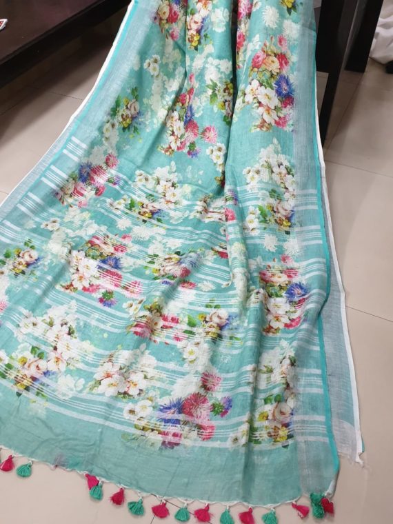 Floral Design Sea Green Digital Print Linen Saree