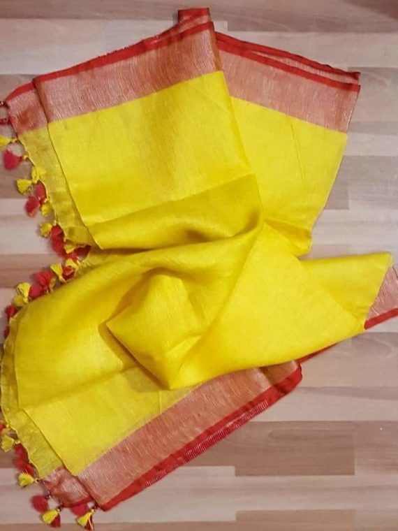 Lemon Yellow with Dark Red and Silver Zari Border plain Linen Saree