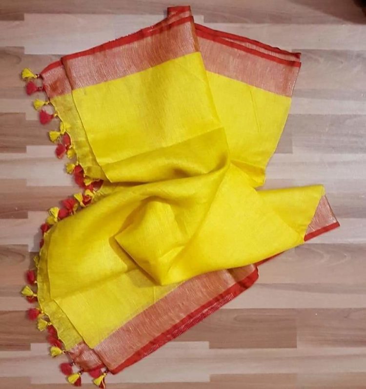 Lemon Yellow with Dark Red and Silver Zari Border plain Linen Saree