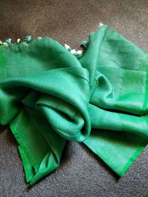 Light Green with Dark Green Border plain Linen Saree