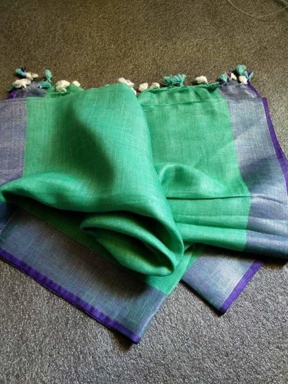 Light Green with Purple and Silver Zari Border plain Linen Saree