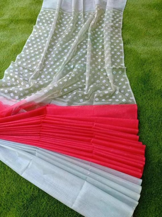 Light Grey and Red Kota Silk Half and Half Saree