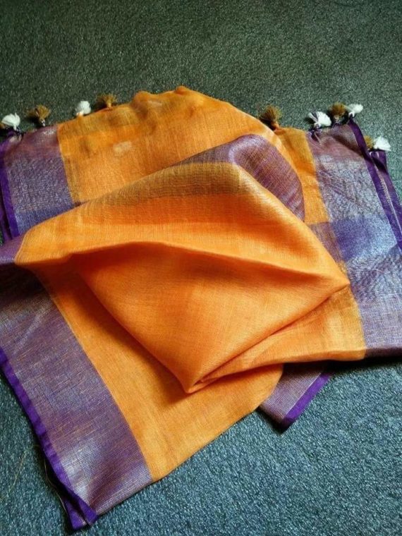 Light Orange with Purple and Silver Zari Border plain Linen Saree