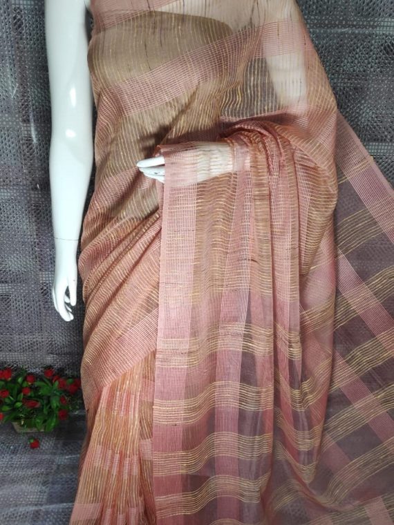 Light Peach Pink Jute Kota Silk Saree