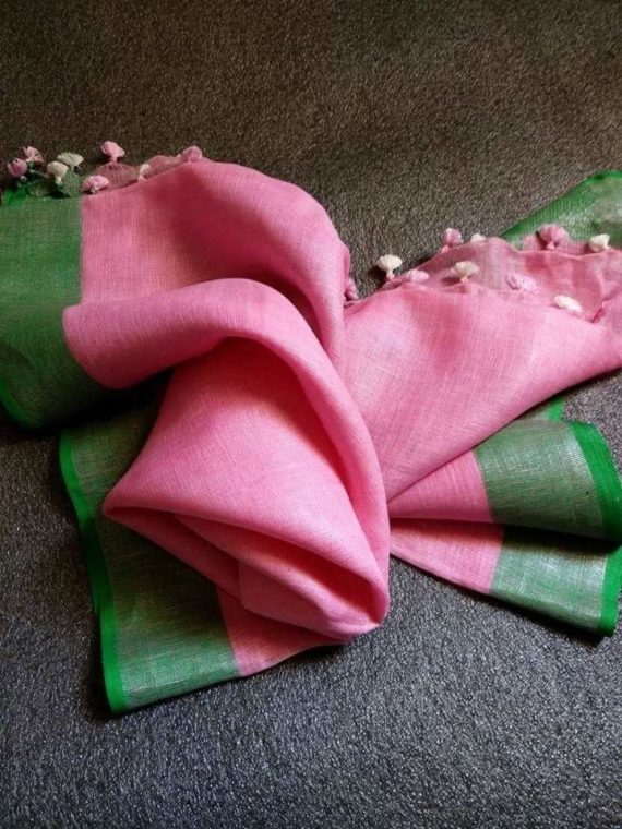 Light Pink with Dark Green and Silver Zari Border plain Linen Saree